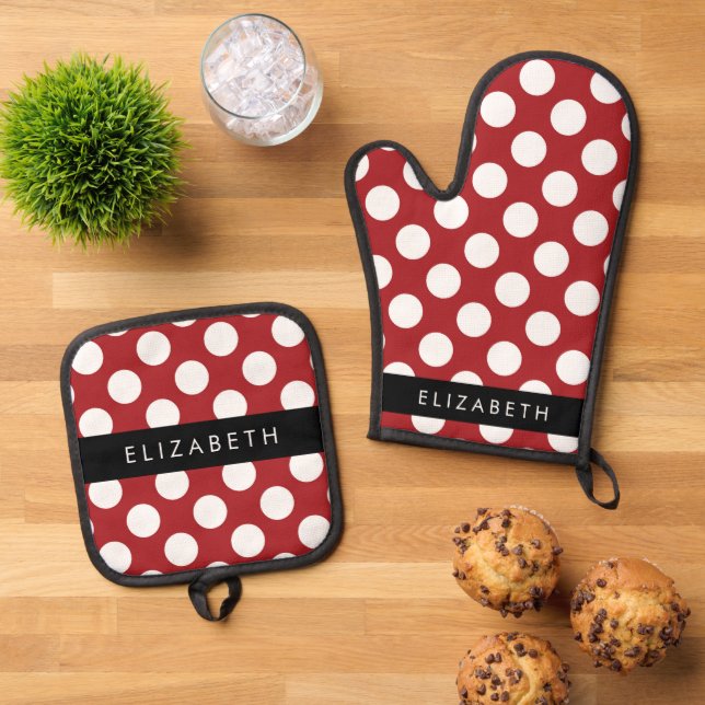 Red Polka Dots, Polka Dot Pattern, Your Name Oven Mitt & Pot Holder Set (Top Down)