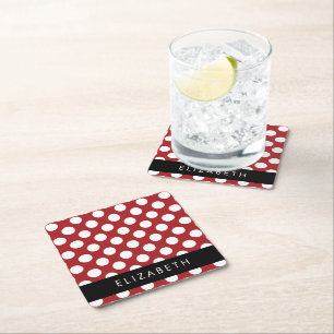 Red Polka Dots, Polka Dot Pattern, Your Name Square Paper Coaster
