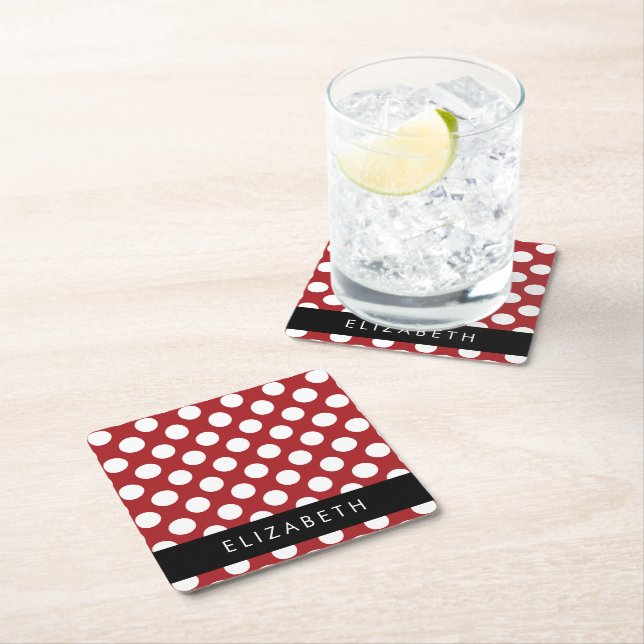 Red Polka Dots, Polka Dot Pattern, Your Name Square Paper Coaster (Insitu)