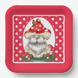 Red Polka Dotted Mushroom Gnome Paper Plate