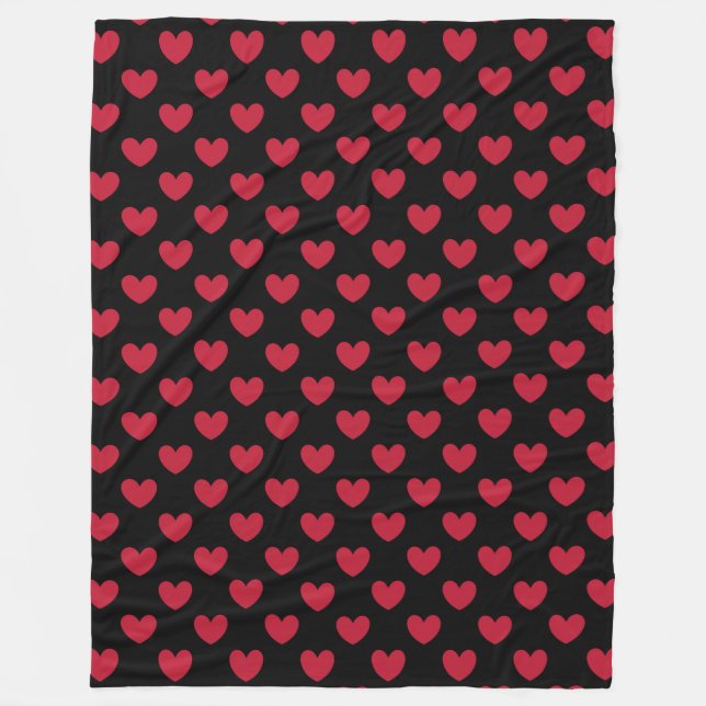 Red polka hearts on black fleece blanket (Front)