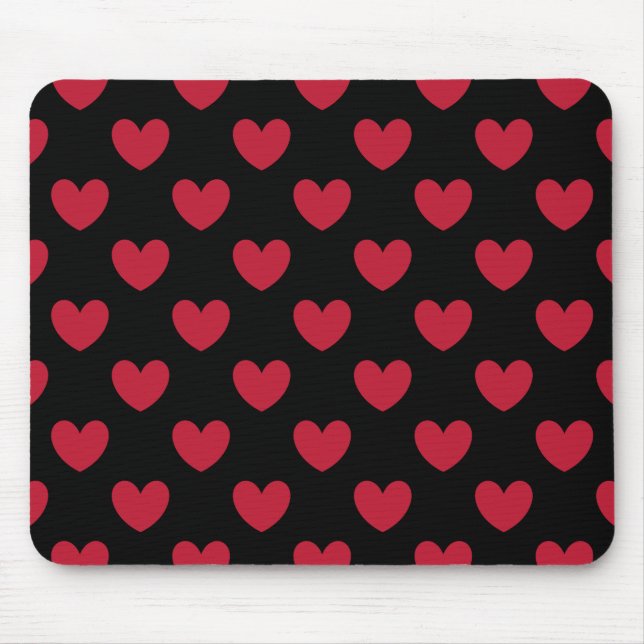 Red polka hearts on black mouse mat (Front)