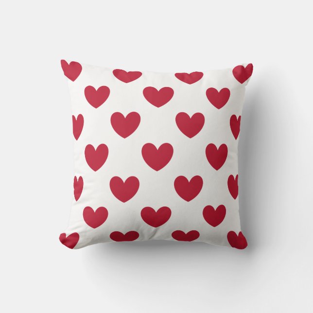 Red polka hearts on white cushion (Front)