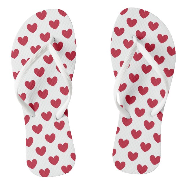 Red polka hearts on white flip flops (Footbed)