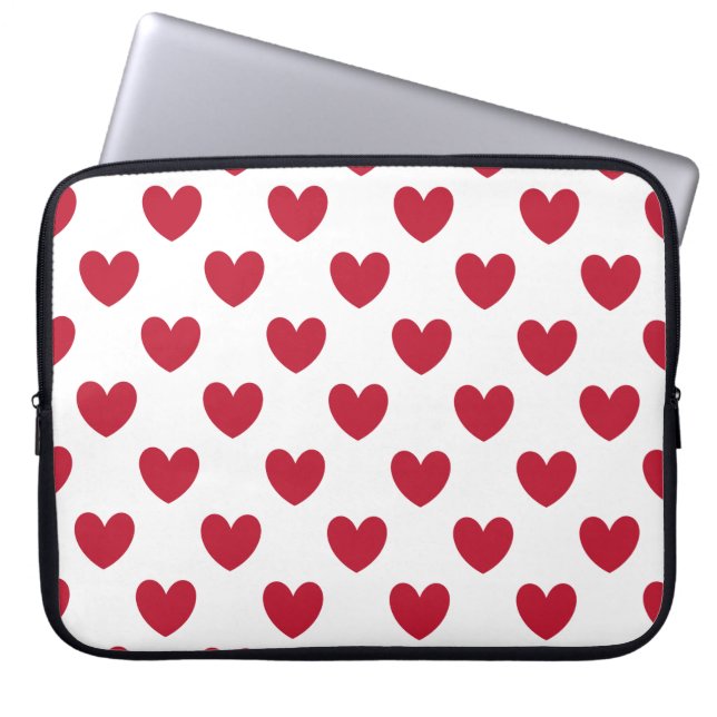 Red polka hearts on white laptop sleeve (Front)
