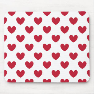 Red polka hearts on white mouse mat