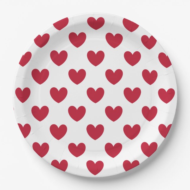 Red polka hearts on white paper plate (Front)