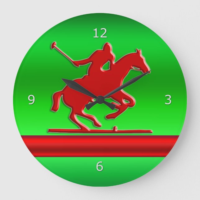 Red Polo Player on green metallic-effect field Large Clock (Front)
