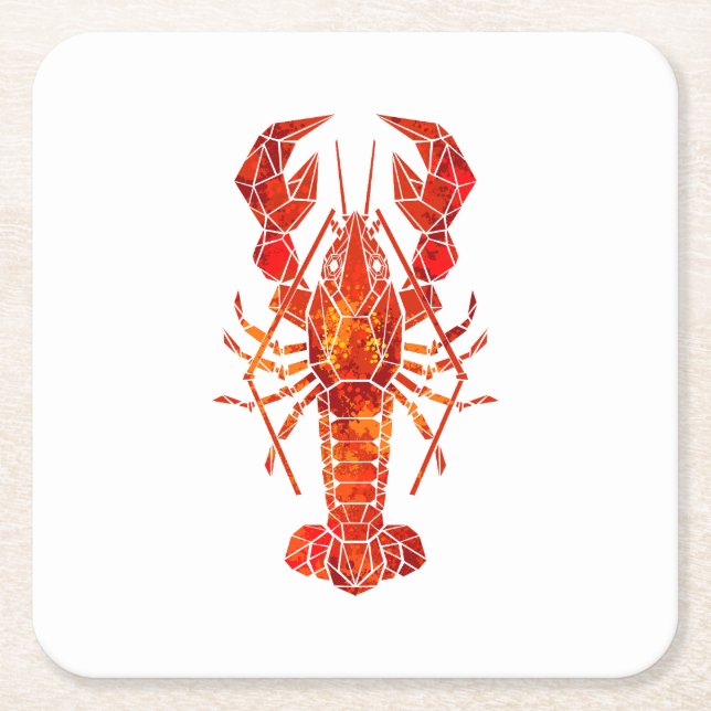 Red polygonal lobster square paper coaster (Front)