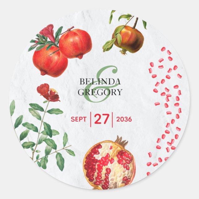Red Pomegranate Botanical Mediterranean Wedding Classic Round Sticker (Front)