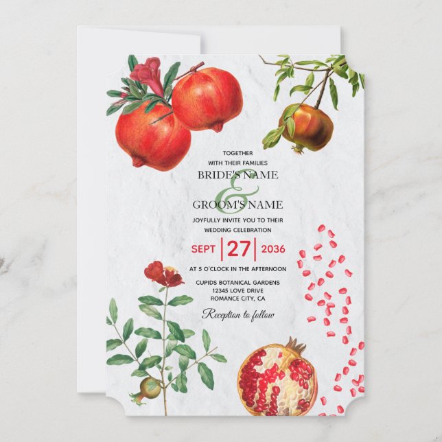 Red Pomegranate Botanical Mediterranean Wedding Invitation (Front)