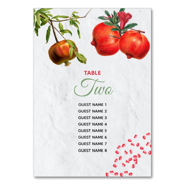 Red Pomegranate Botanical Mediterranean Wedding Table Number (Front)