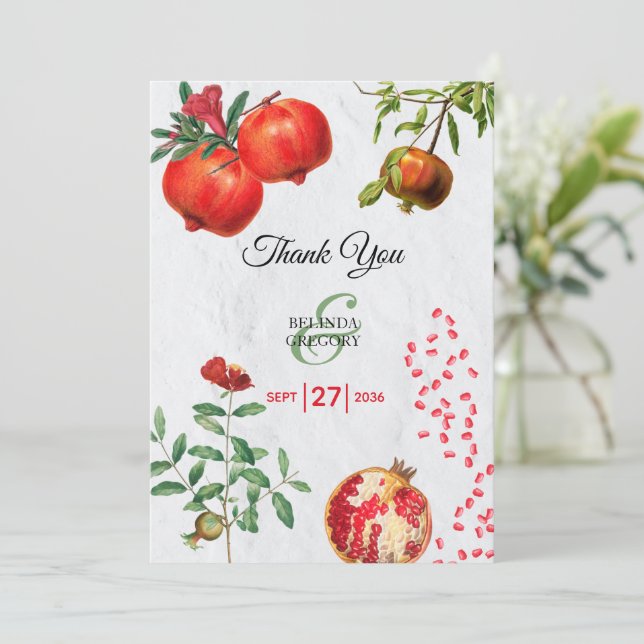 Red Pomegranate Botanical Mediterranean Wedding Thank You Card (Standing Front)
