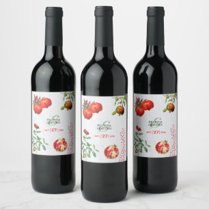 Red Pomegranate Botanical Mediterranean Wedding Wine Label