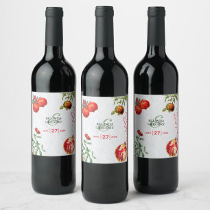 Red Pomegranate Botanical Mediterranean Wedding Wine Label