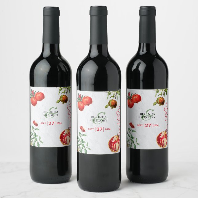 Red Pomegranate Botanical Mediterranean Wedding   Wine Label (Bottles)