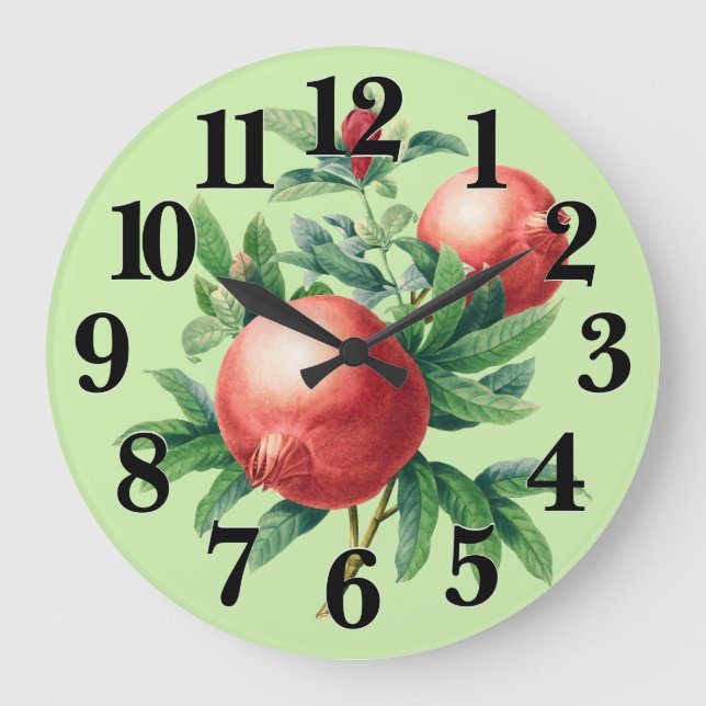 Red Pomegranate Fruits & Green Leaves Large Clock (Front)