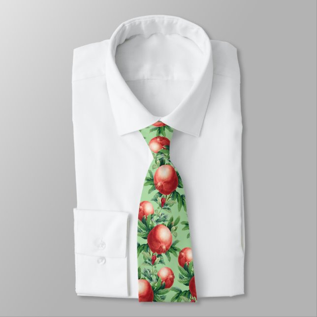 Red Pomegranate Fruits & Green Leaves Tie (Tied)