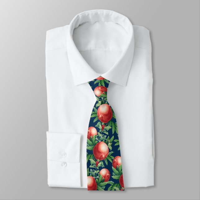 Red Pomegranate Fruits & Green Leaves Tie (Tied)