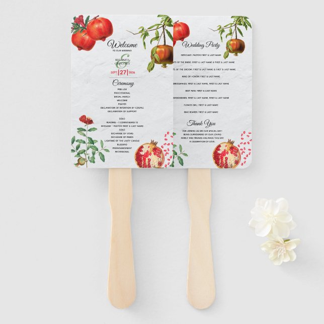Red Pomegranate Mediterranean Wedding Program Hand Fan (Front and Back)