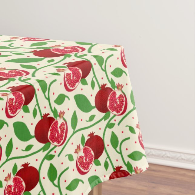 Red Pomegranate with Green Leaves-Cream Tablecloth (In Situ)