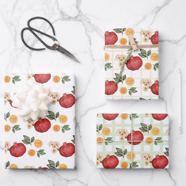 Red Pomegranates and Orange Slices  Wrapping Paper Sheet (Front)