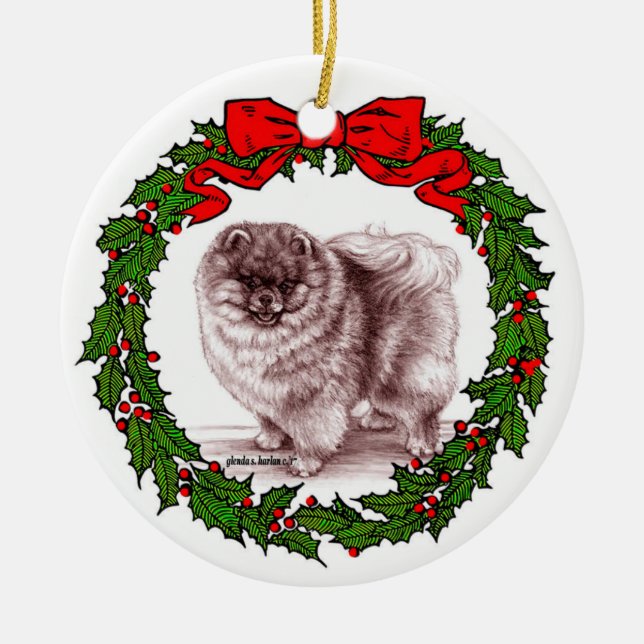 Red Pomeranian Art by Glenda S. Harlan Ceramic Tree Decoration (Front)