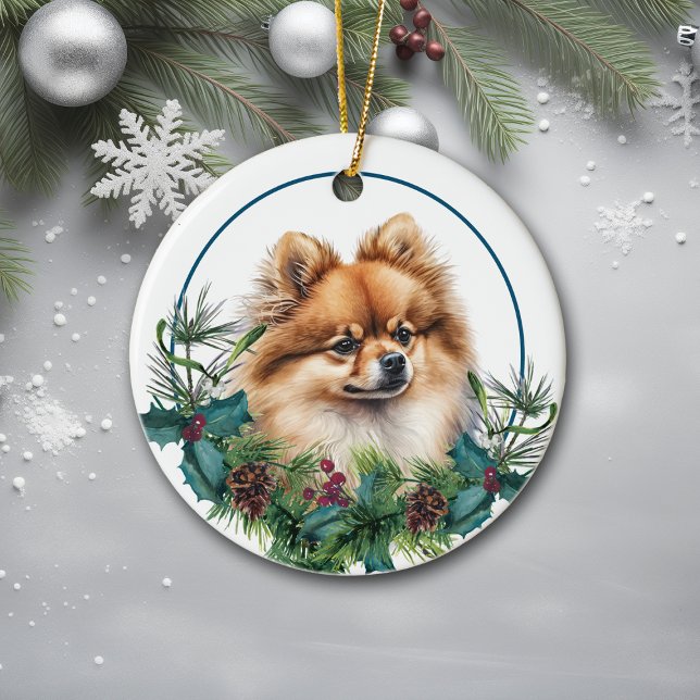 Red Pomeranian Dog Evergreen Berry Wreath Ceramic Tree Decoration (Creator Uploaded)