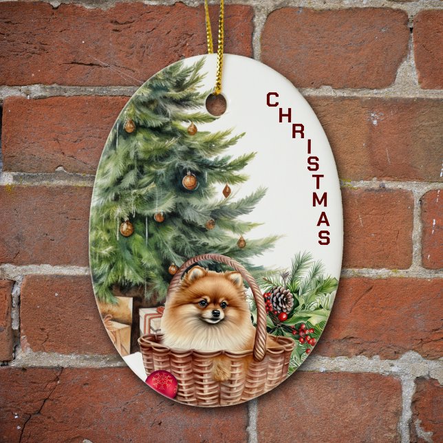 Red Pomeranian Dog Wicker Basket Christmas Ceramic Tree Decoration (Creator Uploaded)