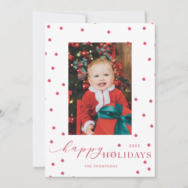 Red Pompoms Polka Dot Photo Holiday Card (Front)