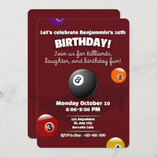 Red Pool Table Billiards Snooker Birthday Party Invitation