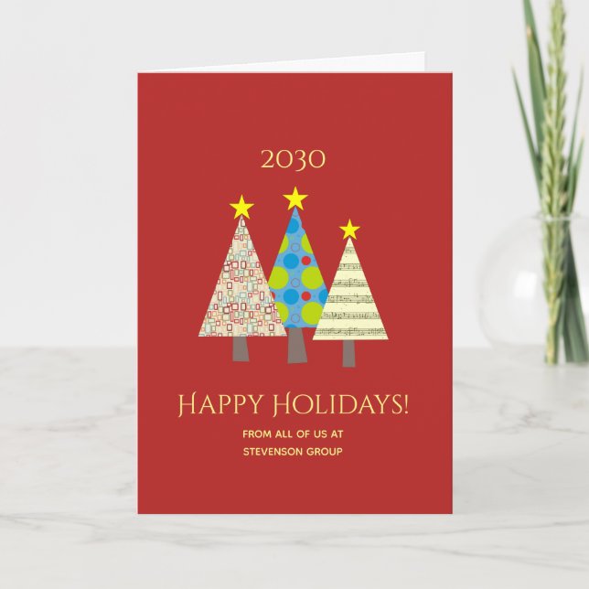 Red Pop Art Pattern Christmas Tree Happy Holidays Holiday Card (Front)