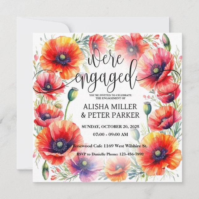  Red Poppie Watercolor Engagement Party Invitation (Front)