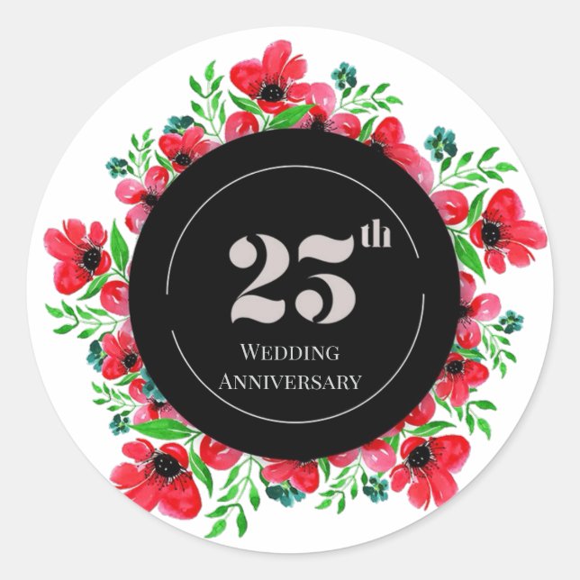 Red Poppies 25th Wedding Anniversary  Classic Round Sticker (Front)