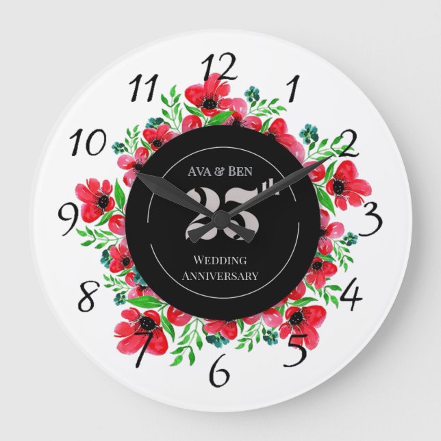 Red Poppies 25th Wedding Anniversary  Large Clock (Front)