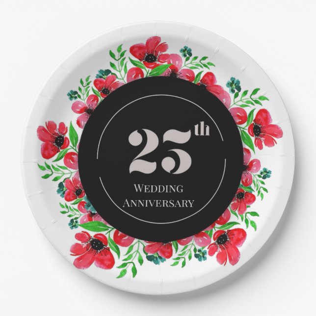 Red Poppies 25th Wedding Anniversary  Paper Plate (Front)