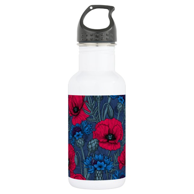 Red poppies and blue cornflowers on blue 532 ml water bottle (Front)