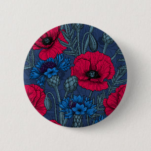 Red poppies and blue cornflowers on blue 6 cm round badge