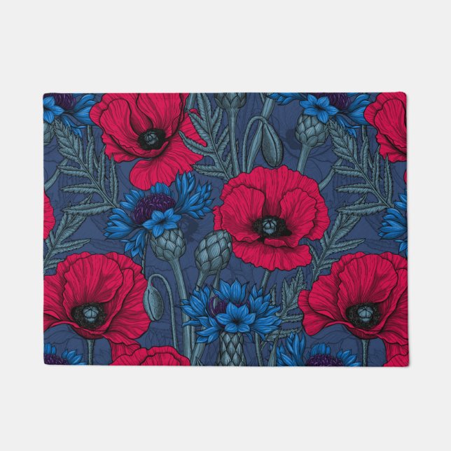 Red poppies and blue cornflowers on blue doormat (Front)