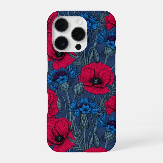 Red poppies and blue cornflowers on blue iPhone case (Back)