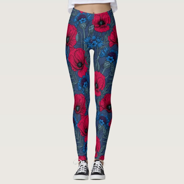 Red poppies and blue cornflowers on blue leggings (Front)