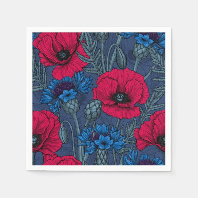 Red poppies and blue cornflowers on blue napkin (Front)