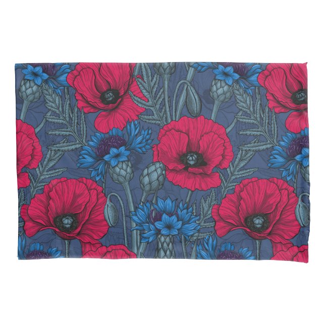 Red poppies and blue cornflowers on blue pillowcase (Front)