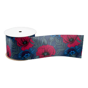 Red poppies and blue cornflowers on blue satin ribbon