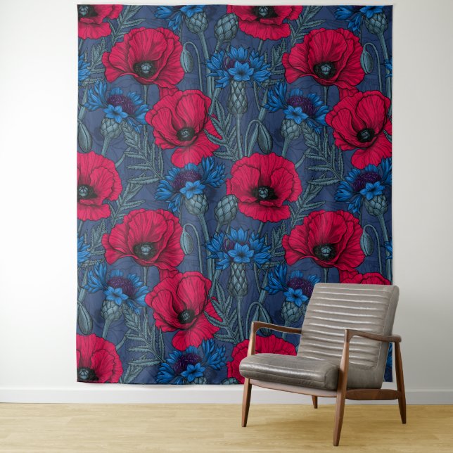 Red poppies and blue cornflowers on blue tapestry (In Situ)