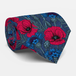 Red poppies and blue cornflowers on blue tie