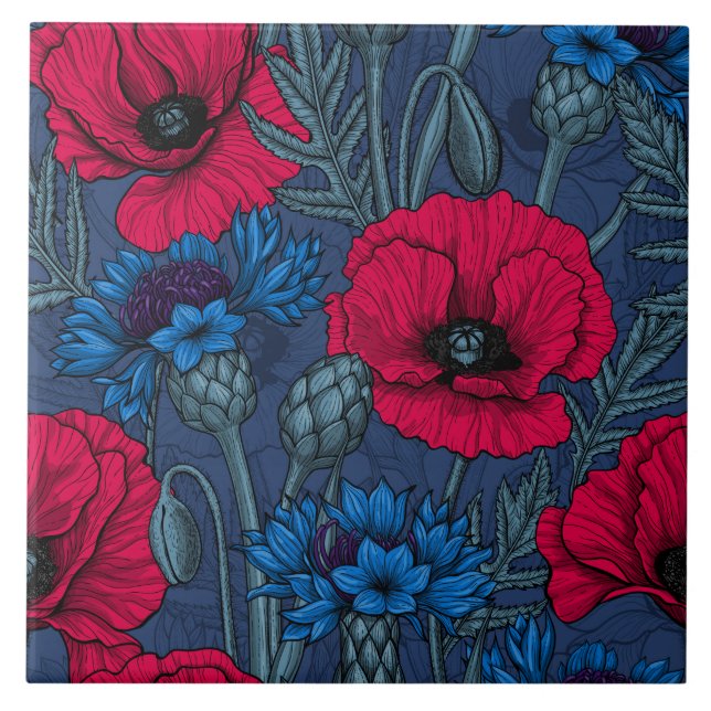 Red poppies and blue cornflowers on blue tile (Front)