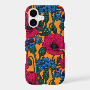 Red poppies and blue cornflowers on orange