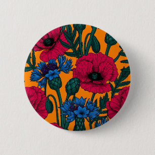 Red poppies and blue cornflowers on orange 6 cm round badge