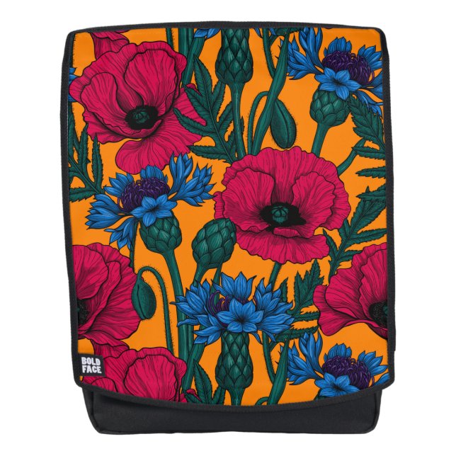 Red poppies and blue cornflowers on orange backpack (Front)